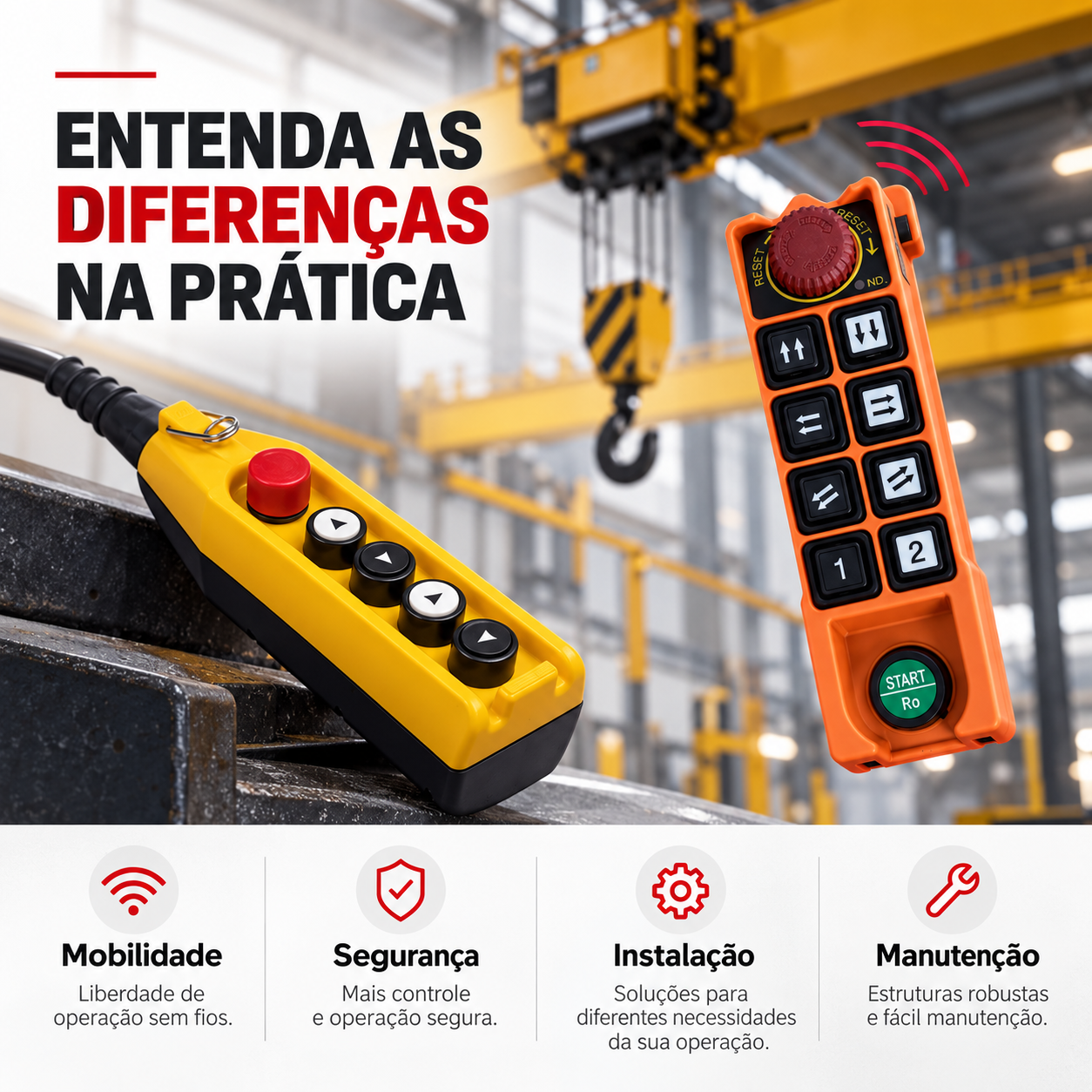 Controle remoto via rádio vs. botoeira com cabo: qual escolher para sua ponte rolante? 2 Comparativo entre botoeira com cabo e controle remoto via rádio: mobilidade, segurança, instalação e manutenção